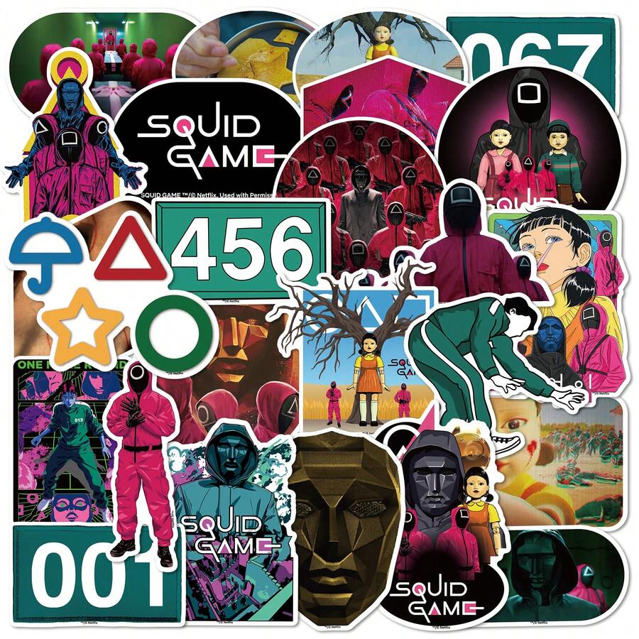 SQUID GAME 25张/套贴纸，趣味独特设计，包含人物、符号和游戏场景涂鸦贴纸，完美适用于笔记本电脑、手机、水瓶、剪贴簿、DIY项目，粉丝礼物之选。