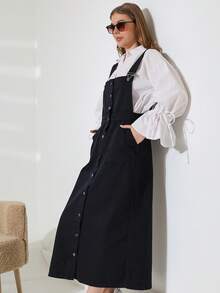 Women's Casual Solid Color Front Button Pocket Denim Dress - Black - View 5