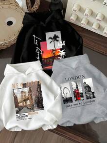 3pcs/Set Tween Boy Cartoon Print Warm Hooded Sweatshirts - Multicolor - View 1