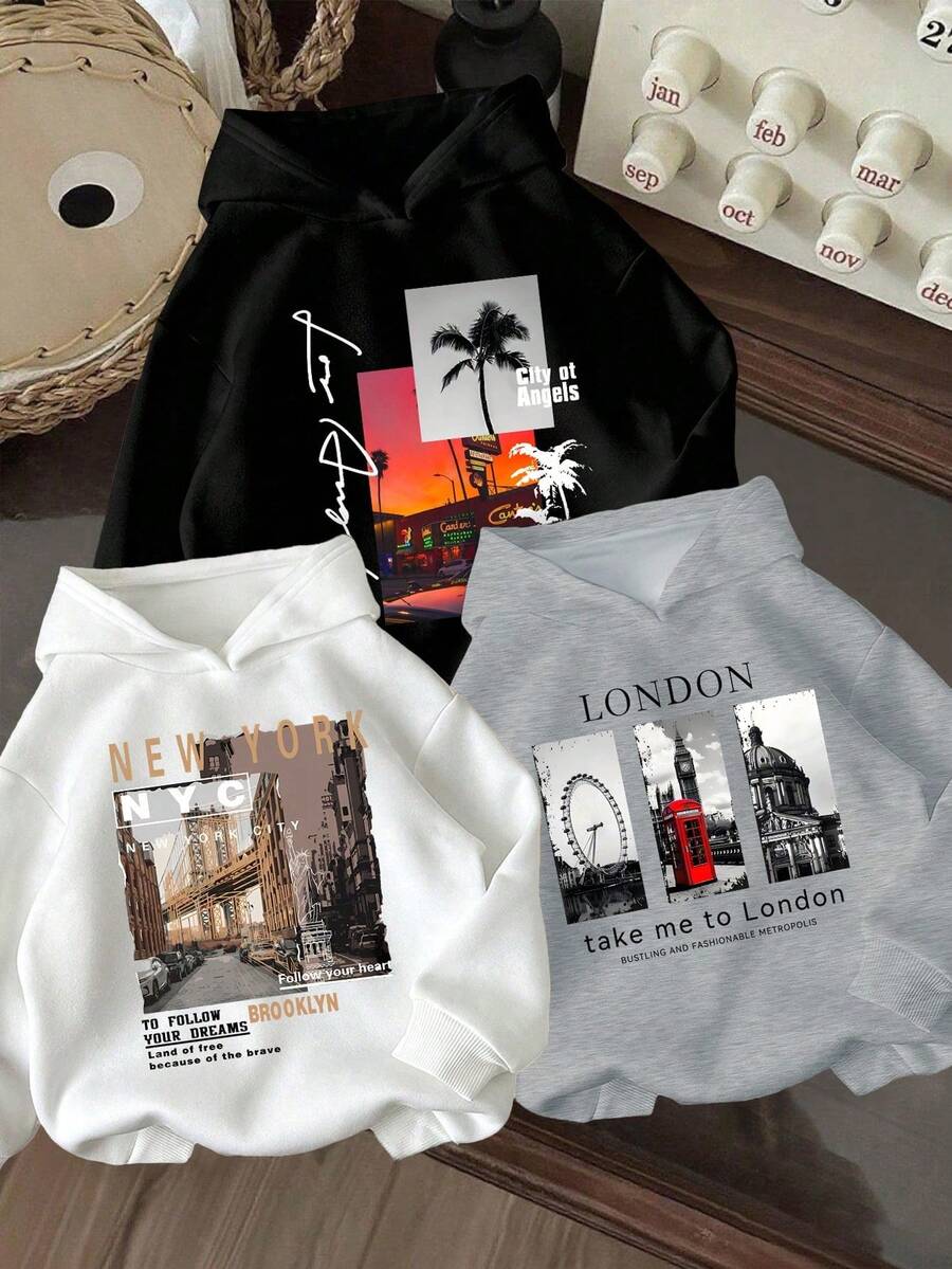 3pcs/Set Tween Boy Cartoon Print Warm Hooded Sweatshirts - Multicolor - View 1