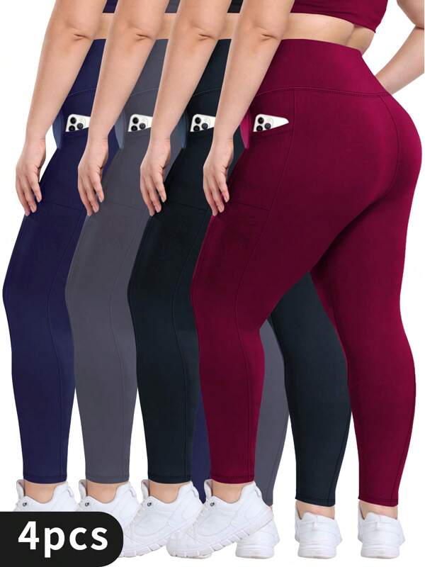 4-Pack Plus Size High Waist Solid Yoga Leggings, Women's Sports Tights, Tummy Control Side Pocket Breathable, Women's Sports Pants, Four Seasons.