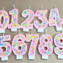 1支数字生日蜡烛，马卡龙色球形蛋糕蜡烛装饰，0-9闪亮粉色数字蜡烛，适用于生日蛋糕、大型节日和派对，深受男孩女孩喜爱 - 彩色 - 查看 13