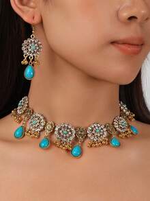 一套复古几何椭圆形和水滴形吊坠项链和耳环，南亚风格金属首饰套装，适合日常佩戴、派对和海滩度假配饰 - 女士金屬首飾套裝 - 查看 16