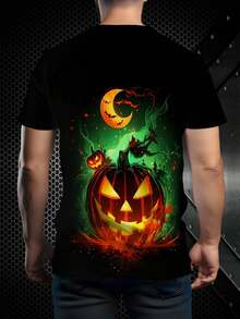 男士万圣节南瓜印花 T 恤，休闲圆领短袖上衣，100% 涤纶针织面料，略有弹性，常规版型，夏季街头时尚 T 恤 - 白色 - 查看 2