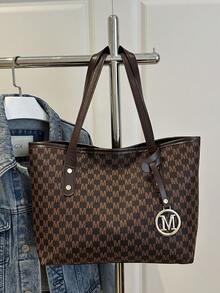 大容量多功能印花手提包，铆钉装饰，复古花卉印花，宽敞的单肩包，时尚日常手提包 - 咖啡棕 - 查看 9