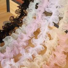 1 卷/2 米 12 厘米密褶串珠薄纱蕾丝丝带、花卉工艺包装缎带、闪亮珍珠波浪欧根纱丝带 - 粉色 - 查看 3