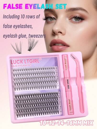 Conjunto de 10 pares de cílios postiços com ferramentas, estilos mistos de cílios fofos, comprimentos mistos de 10 mm-12 mm-14 mm-16 mm, 200/190 peças, adequado para várias ocasiões, cola para cílios de ponta dupla, pinça para cílios, ideal para iniciantes, presente para meninas/mulheres