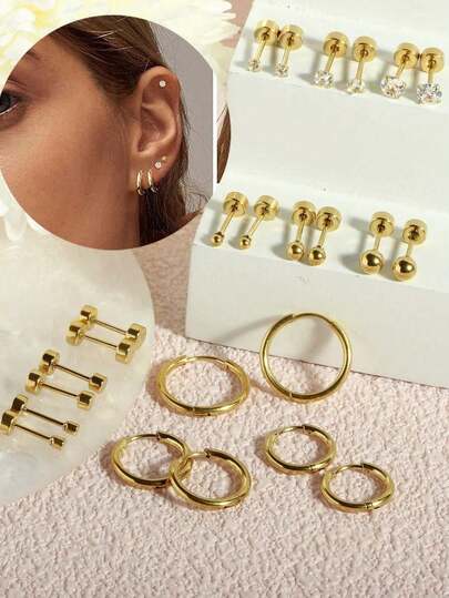 24 件/12 对防过敏不锈钢耳钉金色平背耳钉男女款小圈螺丝耳屏耳轮耳钉套装可多处穿孔