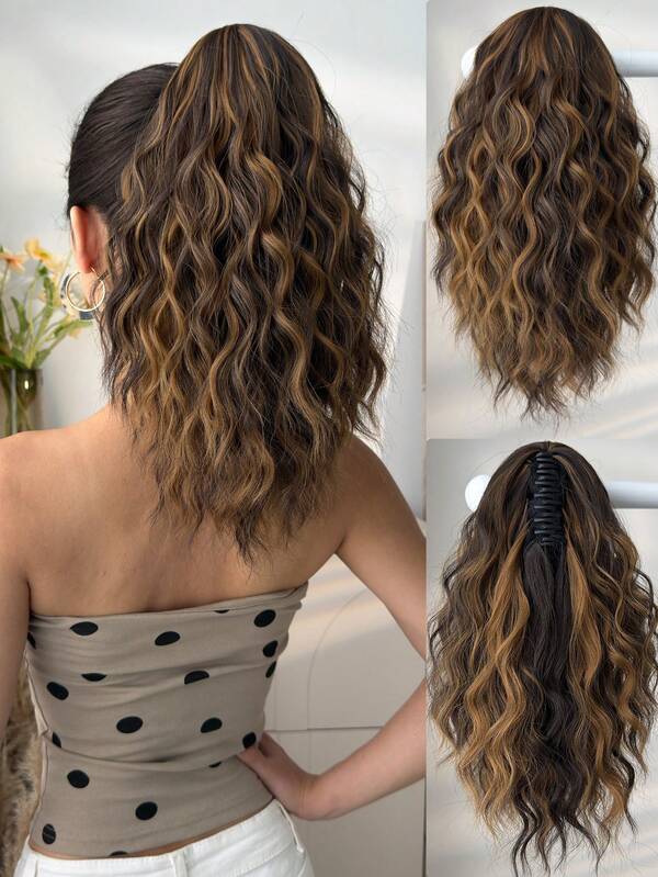 爪形马尾接发，棕色挑染，16英寸短水波纹，耐热纤维合成马尾假发，适合女孩、女士、派对、日常使用。