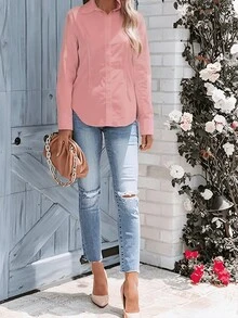粉色长袖女式衬衫，前襟纽扣设计，经典领型，春季款 - 粉色 - 查看 3