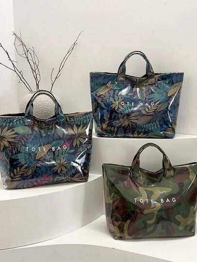 Women's Fashion Handbag, PVC Transparent Tote Bag With Camouflage Pattern, Waterproof Outdoor Casual Bag, Large Capacity Beach Bag, Casual Style, Large Capacity, Fixed Shoulder Strap, Hook & Loop Closure, Polyester Lining, Random Print Design, Suitable For Work And Commuting