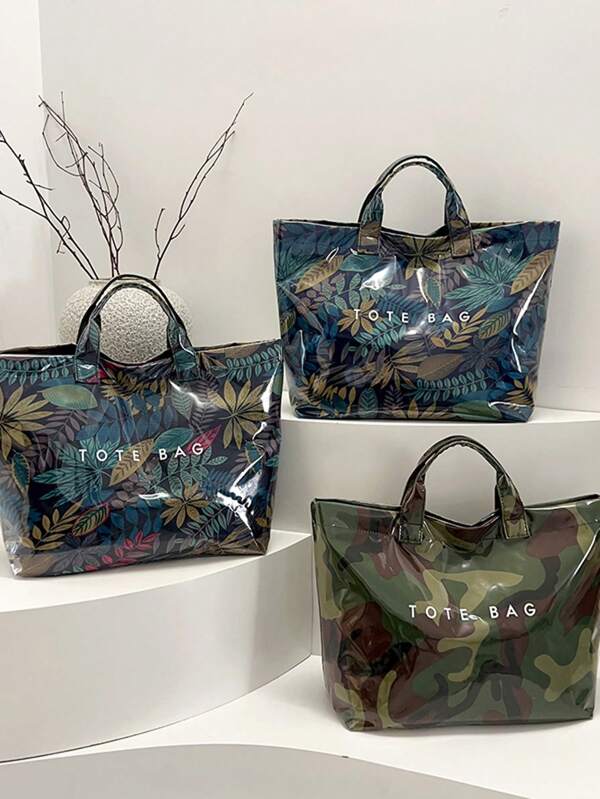 Women's Fashion Handbag, PVC Transparent Tote Bag With Camouflage Pattern, Waterproof Outdoor Casual Bag, Large Capacity Beach Bag, Casual Style, Large Capacity, Fixed Shoulder Strap, Hook & Loop Closure, Polyester Lining, Random Print Design, Suitable For Work And Commuting