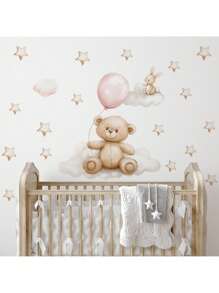 1pc Cute Teddy Bear Wall Decals With Balloons - Cloud And Star Nursery Decor, Removable Vinyl Kids Room Stickers & Balloon Wall Stickers - Multicolor - View 12
