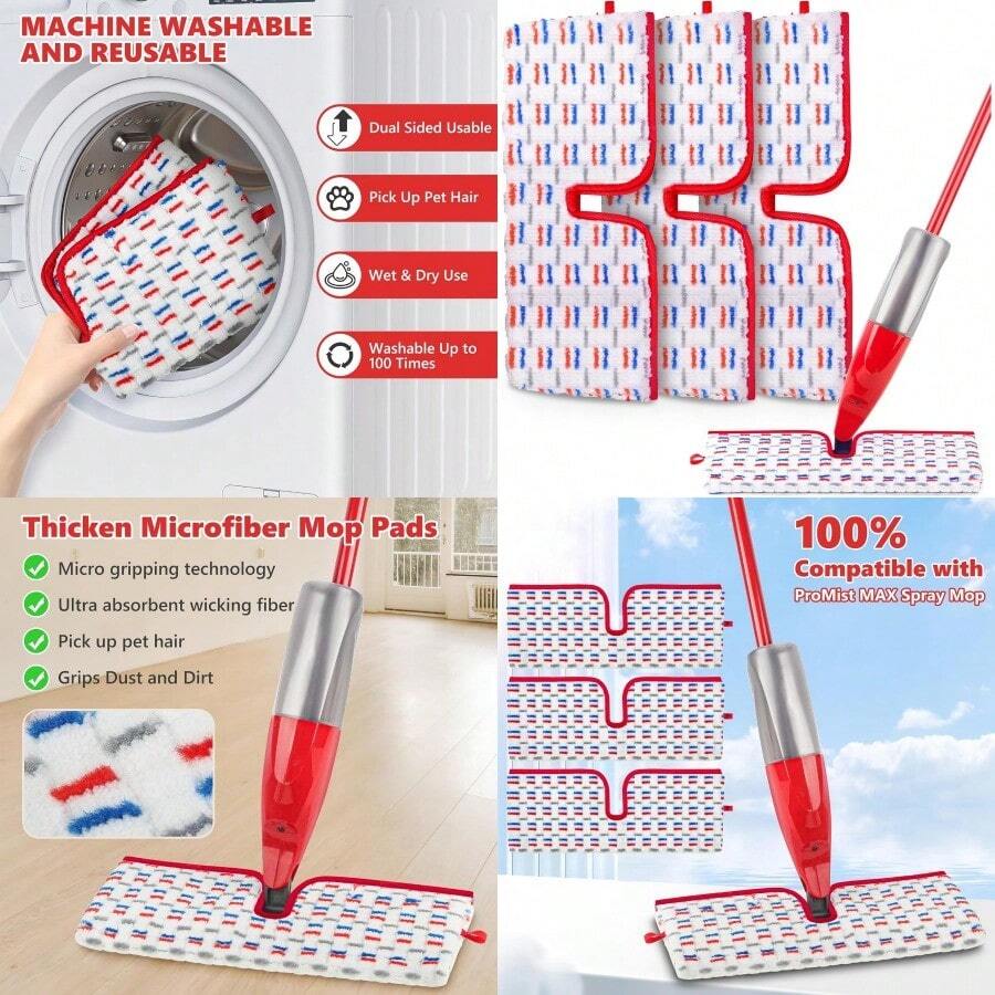 Microfiber Mop Pads Compatible With OCedar Promist MAX Spray Mop Reusable Mop Refills Pads Mop Heads Replacement Thicken Microfiber Pads Wet Dry Pads DualSides Use For Floor Cleaning 3 Pack - 3個裝 - 查看 1