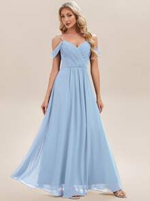 EVERPRETTY Gaun Bridesmaid Biru Muda Elegan dengan Kerah V, Lipit, dan Aplikasi, Cocok untuk Pernikahan, Ulang Tahun, Acara Formal, Pesta, dan Acara Lainnya. - Baby Blue - View 5