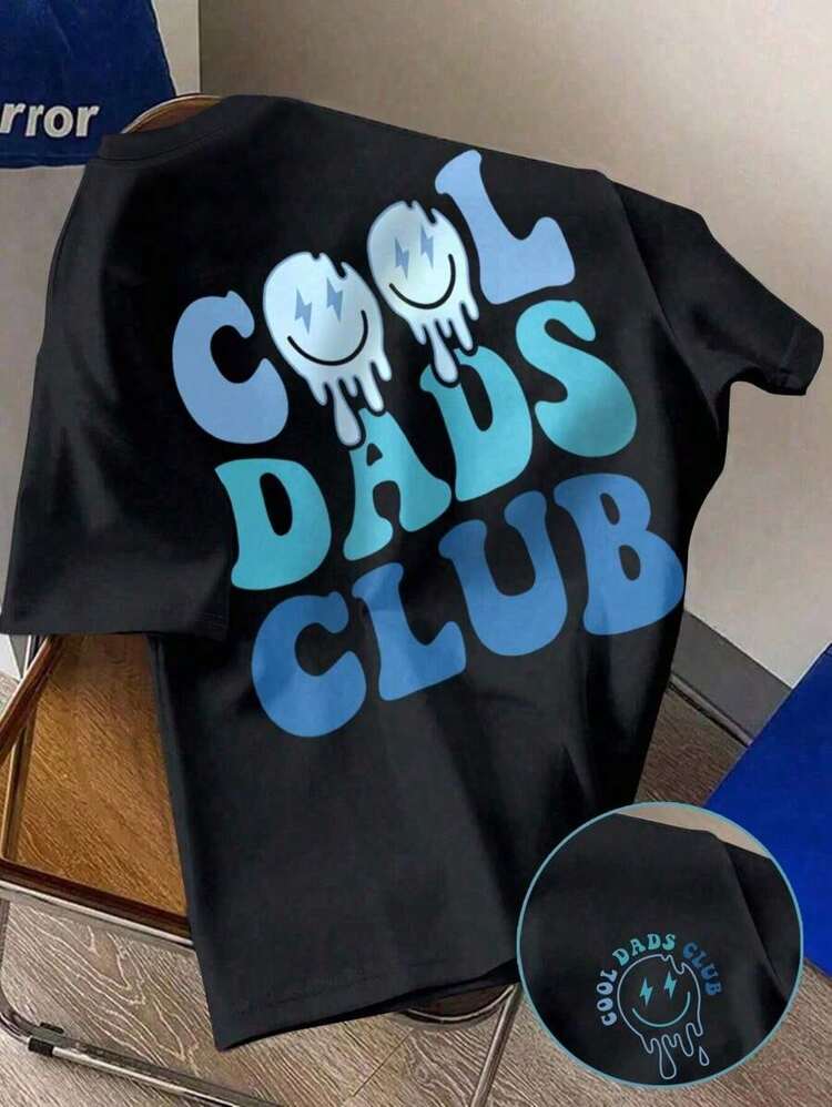 Camiseta de Verano Casual de Manga Corta con Cuello Redondo para Hombre con Estampado de Letras y Cara Sonriente - Negro - Añade 1