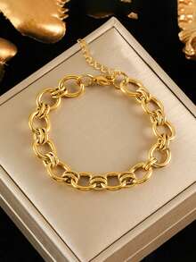 RAYQUEEN 一套不锈钢时尚百搭朋克风金色项链+手链首饰套装，适合日常佩戴和节日礼物 - 金黃色 - 查看 10