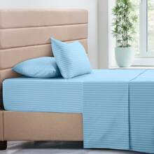 Lux Decor 4 Pc Stripe Bed Sheets, High GSM Brushed Microfiber Bedding Set With Deep Pocket Fitted Sheet & Pillowcases. Soft, Breathable, Hypoallergenic, Easy Care, And Wrinkle Resistant For Year-Round Comfort And A Classic Hotel-Quality Look. - 藍色 - 查看 6