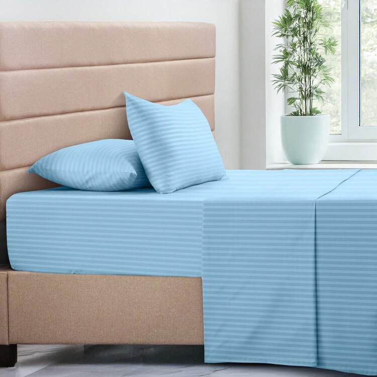 Lux Decor 4 Pc Stripe Bed Sheets High GSM Brushed Microfiber Sheets - Elevate Your Sleep Experience With Deep Pocket Bedding Sheets & Pillowcases-Graduation Gifts, Home Decor, Back-To-School Gift, Valentine's Day Bedroom, Spring Bedding Refresh, Guest Room Essentials, Dorm Room Bedding, Premium Bed Linens, Easy Care Sheets, Hypoallergenic Fabric, Year-Round Comfort, Master Bedroom Update, Matching Bedding Set, Hotel Quality Linens, Everyday Use, Classic Look, Home Basic - 藍色 - 查看 6