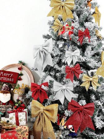 1/2 件红色圣诞蝴蝶结，搭配闪亮粉色蝴蝶结，7.09 英寸至 13.78 英寸装饰品 - 室内/室外节日装饰，适用于家庭、树木、外套、楼梯、墙壁；非常适合圣诞派对、节日家居装饰；节日花环；闪亮花环