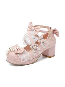 Women's Kawaii Shoes Cross Strap Pumps Cute Ankle Strap Mary Jane Shoes Wedding Lace Mid Chunky Heel Pumps - 粉色 - 查看 3