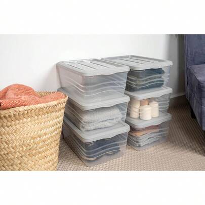 Juego de 4 Cajas de Almacenamiento de Plástico con Tapa Apilables, Capacidad 16 Litros, para Armario o Suministros Escolares