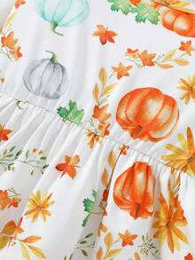Girl's Single Piece Thanksgiving Party Dress Halloween New Pumpkin Maple Leaf Full Print Round Neck Multi-Layer Pleated Lace Contrasting Horn Long Sleeved Holiday Casual Single Piece Umbrella Shaped Dress - Nhiều màu - Xem 4