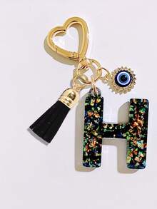 1pc Black Initial Keychain, Black Tassel Pendant, Evil Eye Fashion Keychain, Alphabet Keychain Backpack Charm, Keychain For Women And Girls, Exquisite And Small, Fashionable And Simple, Wallet And Handbag Accessories, Tassel Keychain, Alphabet Initials A-Z, Suitable For Commuting, Studying, Vacation