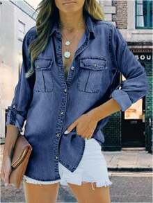 Womens Button Down Denim Shirt Long Sleeve Roll Up Casual Oversized Jean Shirt Jacket Distressed Tunic Tops - 藏蓝色 - 查看 2