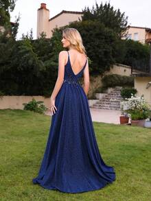 Babyonlinedress V-Neck Elegant Dress With Embroidered Beaded   Appliques  Zipper Contrast Sequin  Formal & Evening  Wedding Guest Prom - 藏蓝色 - 查看 2