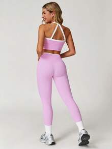 MASKERT 女士运动套装（两件套），背心和紧身裤，健身瑜伽运动服，紧身弹力跑步运动服，舒适亲肤，适合休闲和居家穿着。 - 粉色 - 查看 5