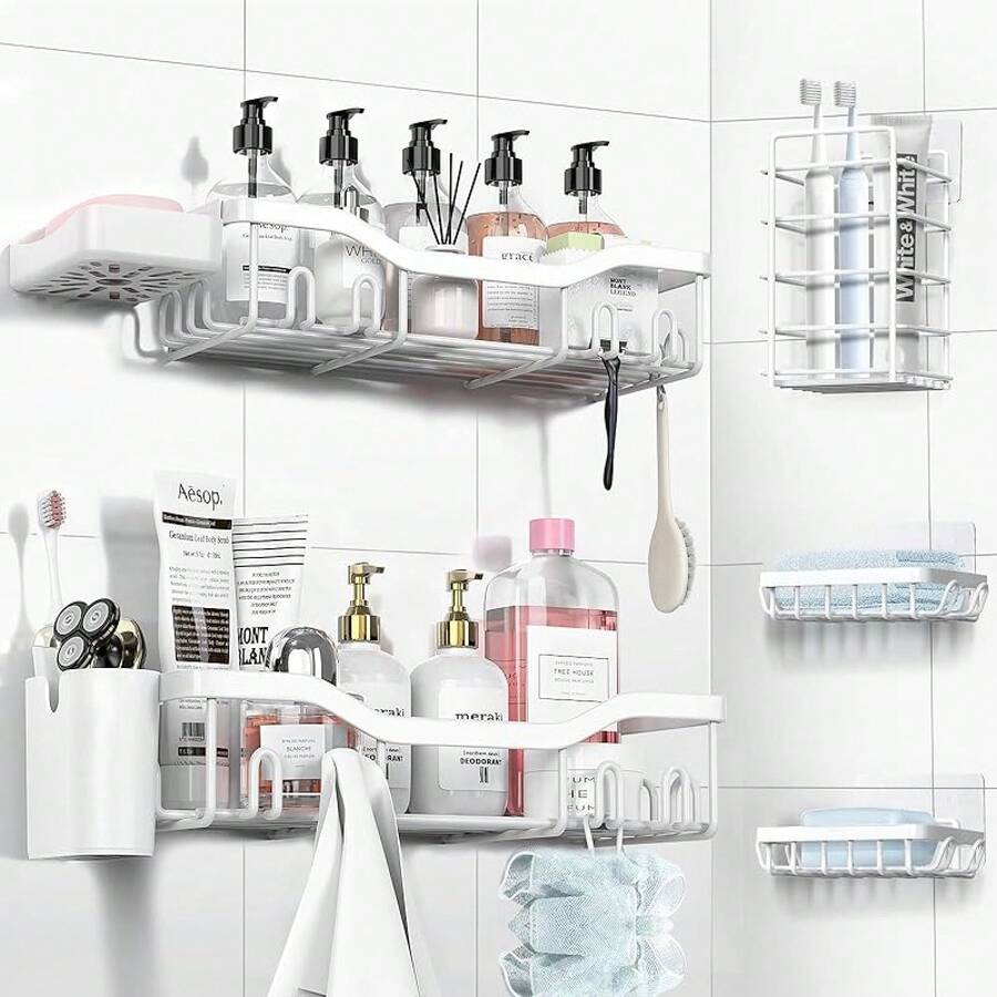 Shower Caddy Adhesive Shower Organizer 7-Pack, Rustproof Stainless Steel Bathroom Shelves, Large Capacity No-Drill Rack Storage Accessories With Soap Dish Toothbrush Holder &24 Hooks Home Decor - 白色 - 查看 1