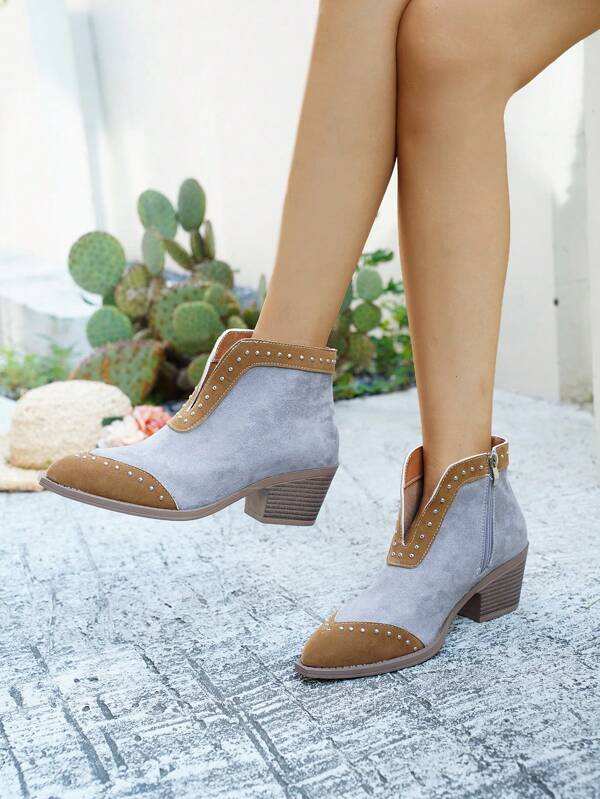 Women's Rivet Patchwork Pointed Toe Chunky Heel V-Cut Short Boots, American Style Ankle Boots