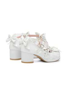 Women's Kawaii Shoes Cross Strap Pumps Cute Ankle Strap Mary Jane Shoes Wedding Lace Mid Chunky Heel Pumps - trắng - Xem 4