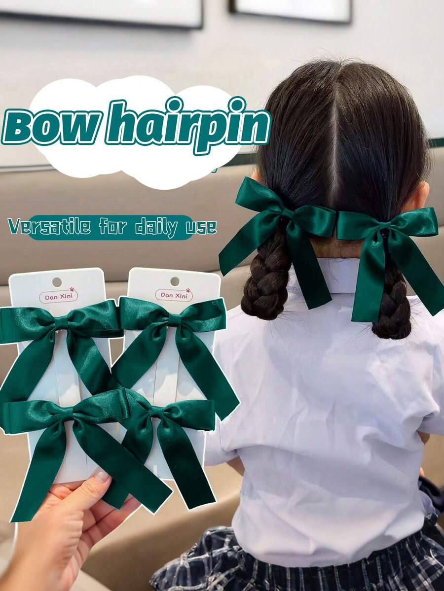 2pcs Girls' Simple Fashion Cute Daily Versatile Satin Ribbon Bow Hair Clips, Multi-Size - Dark Green - View 1