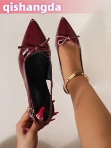 [Qishangda] French Style New 2025 Patent Leather Pointed Toe Bowknot Low Vamp Thin Heels Sandals, Red