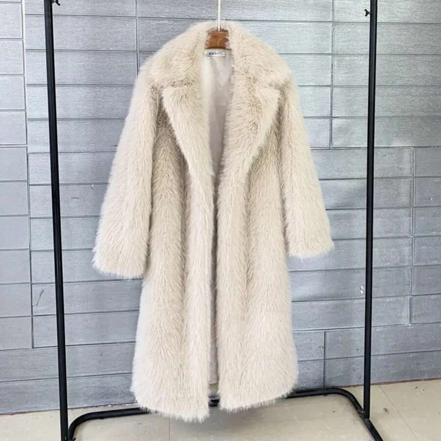 Imitation Fox Fur Long Coat For Women Lapel Solid Street Winter 2025 Warm Fluffy Fox Fur Jacket Female Furry Overcoat