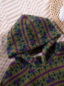 1 pieza Sudadera con capucha informal para niños, verde militar con estampado total, forro polar, bolsillos, otoño/invierno