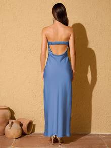 女式纯色简约日常抹胸连衣裙 - 霧霾藍 - 查看 6