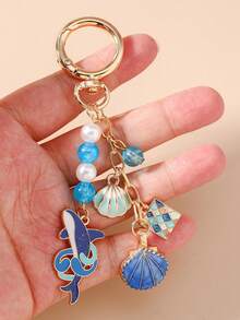 1pc Unisex Alloy Shell & Shark Keychain Pendant Beach Beaded Series Gift For Friends Key Chain Accessory Car Accessories For Women Keychain For Bag - Blue - View 4
