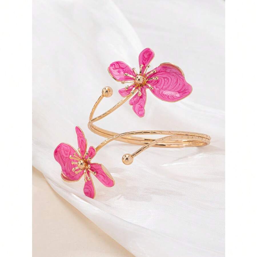 1Pc Elegant And Simple Flower Bracelet, Fresh And Sweet Design, Golden Enamel Glaze Craft Flower Opening Bracelet - Hồng - Xem 1