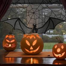 1pc Black Lace Bat Window Curtain Spider Web Bat Door Panels Decoration For Holiday Party Home Decor Gifts Birthday Graduation - 黑色 - 查看 4