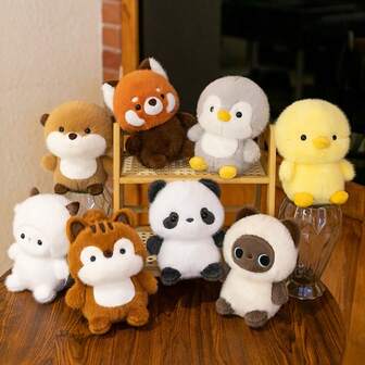 1件可爱动物毛绒玩具，柔软毛绒动物玩具，填充动物毛绒玩具，包含可爱的暹罗猫、松鼠、狐狸、兔子、鸭子、企鹅、浣熊和树懒。适用于活动和派对装饰，精美家居装饰，也是生日、婚礼、毕业季以及圣诞节送给家人和朋友的完美可爱毛绒动物礼物。