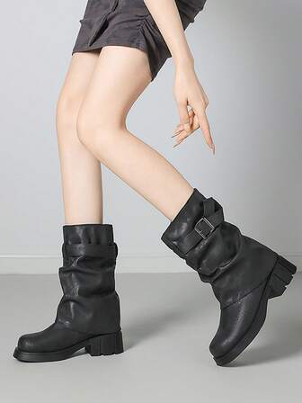 女靴美亚德短靴2025新款英伦一脚蹬靴女春秋冬靴复古叠层靴百褶靴女时尚短靴