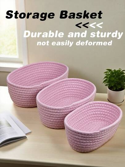 一套/3个粉色绳编收纳篮，简约家居装饰，开放式收纳篮，适用于家庭卧室、客厅，可收纳化妆品、零食、玩具、杂物等，分类收纳，可作为节日礼物，也适合作为情人节儿童礼物。