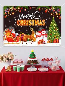 1pc Christmas Decoration Backdrop Fabric, Santa Claus& Snowman& Christmas Tree Pattern Banner, Merry Christmas Party Backdrop Decoration, Christmas Photography Props, Christmas Garage Door Decorations, Patio Decorations, Christmas Living Room Wall Decoration Hanging Fabric, Room Decorations, Home Decor, 2026 New Year Decor, Christmas Hanging Decor, Xmas Gifts