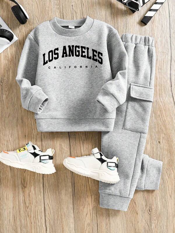 Young Boy Letter Print Crew Neck Sweatshirt And Cargo Sweatpants Casual Suit