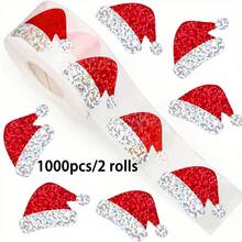 500 ملصق قبعة سانتا كلوز الحمراء اللامعة - مقصوصة بالليزر ذاتية اللصق مقاومة للماء لتزيين بطاقات العطلات والهدايا وديكورات الحفلات - لاستخدام مرة واحدة، لوازم حفلات عيد الميلاد، اكسسوارات عيد الميلاد، ديكور الهدايا، نهاية لامعة