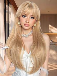 26 Inch Blonde Long Loose Wave Wig With Neat Bangs, Suitable For Halloween, Christmas, Carnival, And Other Holiday Wear, Can Be Worn In Daily Life, Heat-Resistant Synthetic Fiber Can Be Styled And Dyed, Adjustable Rose Net Wigs, Breathable For Summer - Vàng - Xem 3