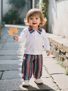Conjunto de 2 piezas de camisa polo de manga larga con cuello estampado + pantalones deportivos estampados para bebé niño en otoño/invierno - Blanco - Ver 1